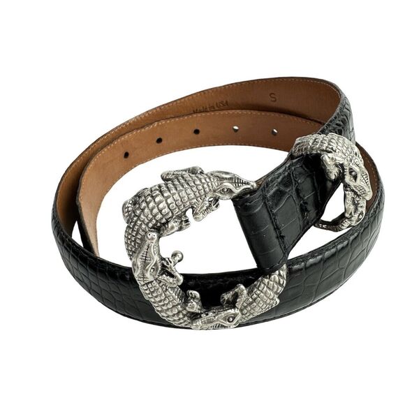 Vintage Sculptural Alligator Belt Silver Buckle Black Leather Strap Women\'s Sz S main image 8